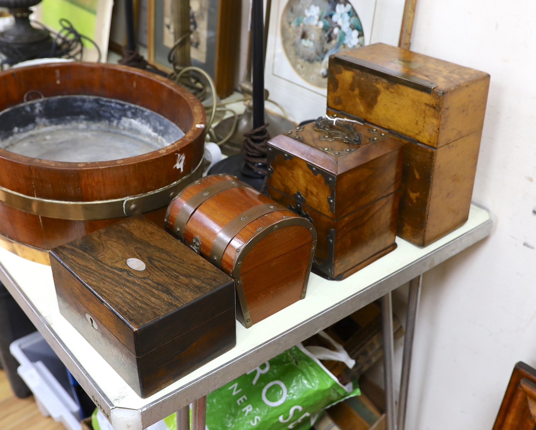 A Victorian four bottle decanter box with brass mounts, a similar 2 bottle box and two other boxes